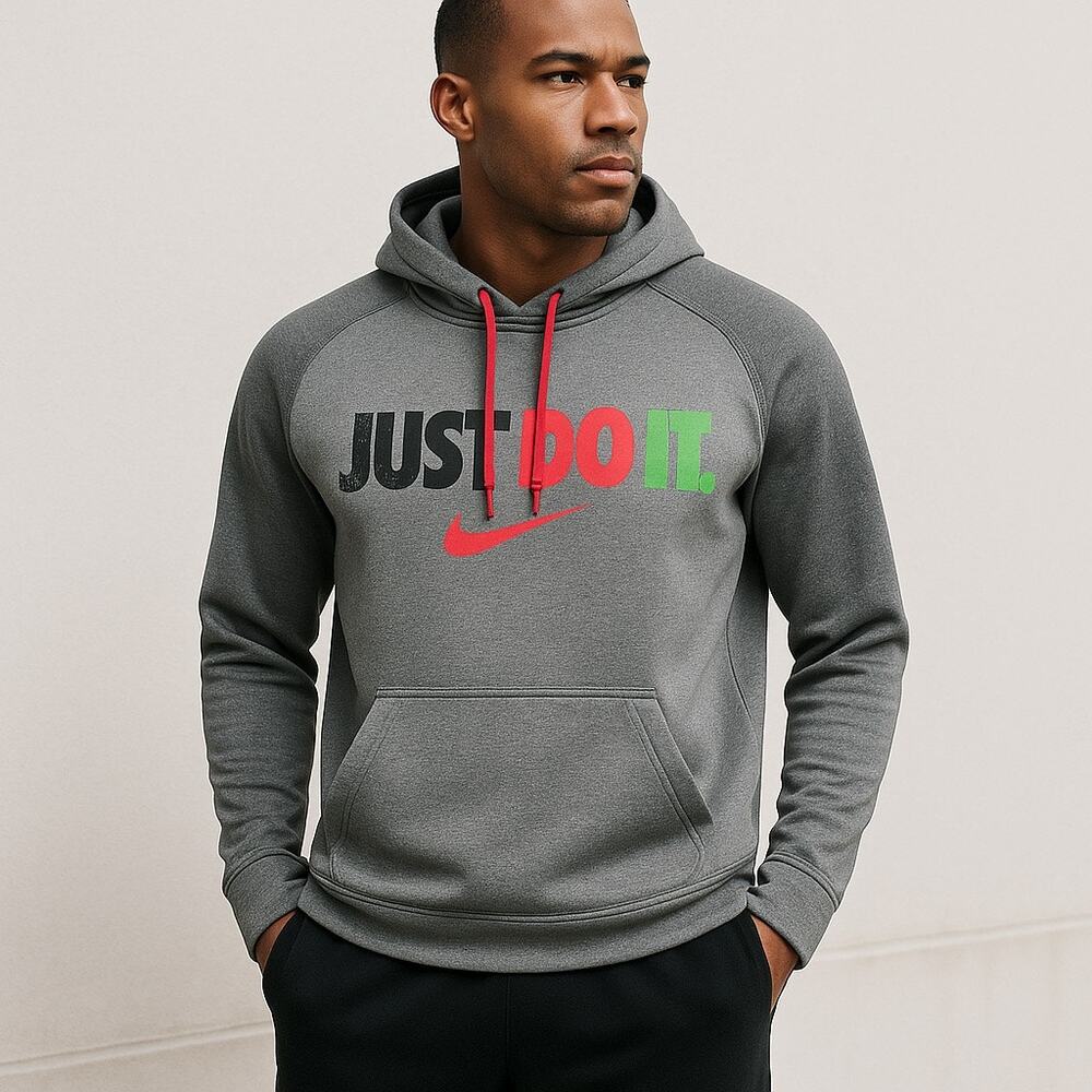 Nike Therma-Fit Men’s Gray Hoodie Just Do It Red Green Logo Medium Sweatshirt